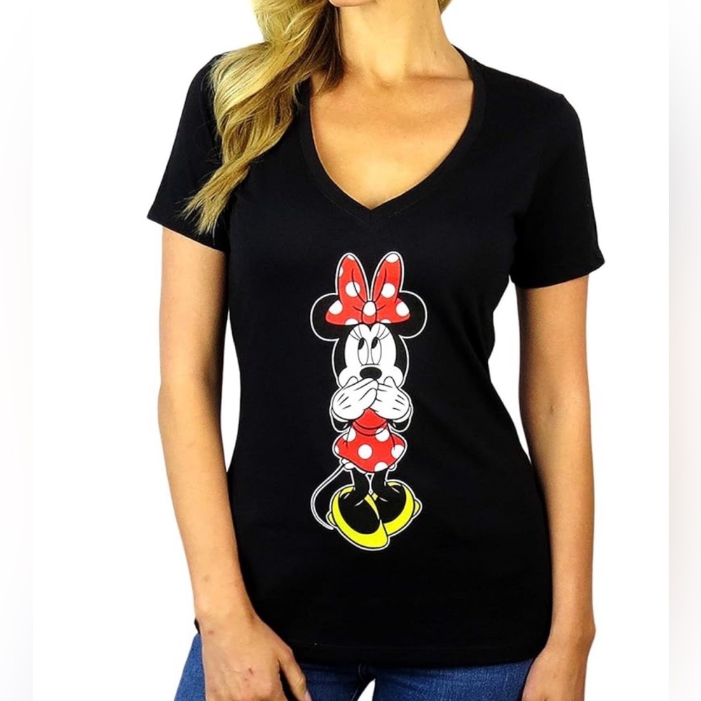 Disney Women’s S Minnie Mouse Black V-Neck Graphic T-Shirt Tee Giggles Pose